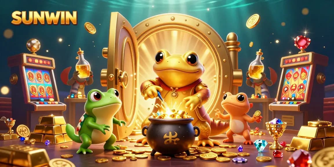 SUNWIN showcases thrilling gaming action with a golden salamander, frog apprentice, and dynamic casino elements.