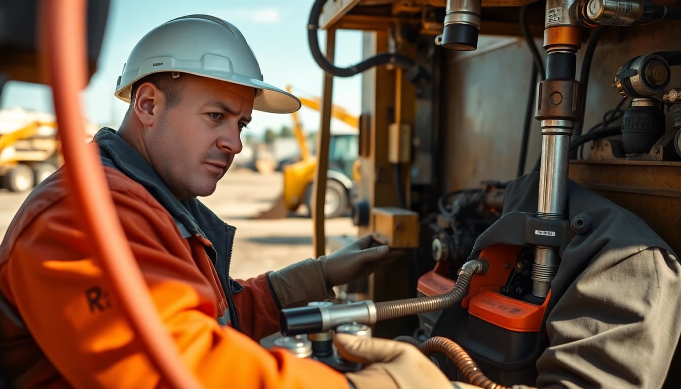 Mobile equipment service technician repairing machinery on-site, showcasing expertise and professionalism.