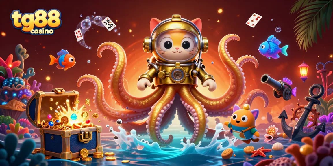 Engage with tg88 casino's vibrant underwater scene featuring a kraken, diving cat, and treasure elements.