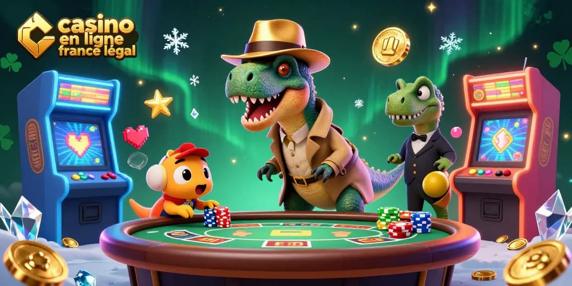 Illustration captivante de casino en ligne France légal avec un vélociraptor compteur de cartes à une table de blackjack.