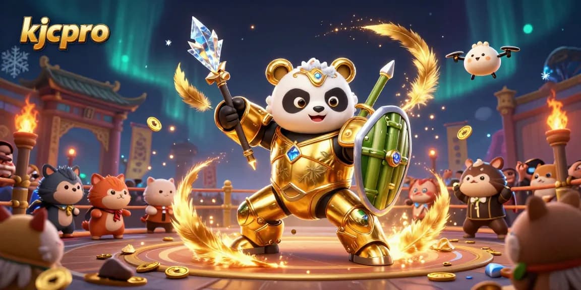 KJCPro offers an exciting gaming atmosphere with a golden panda piloting a robot, surrounded by vibrant casino elements.