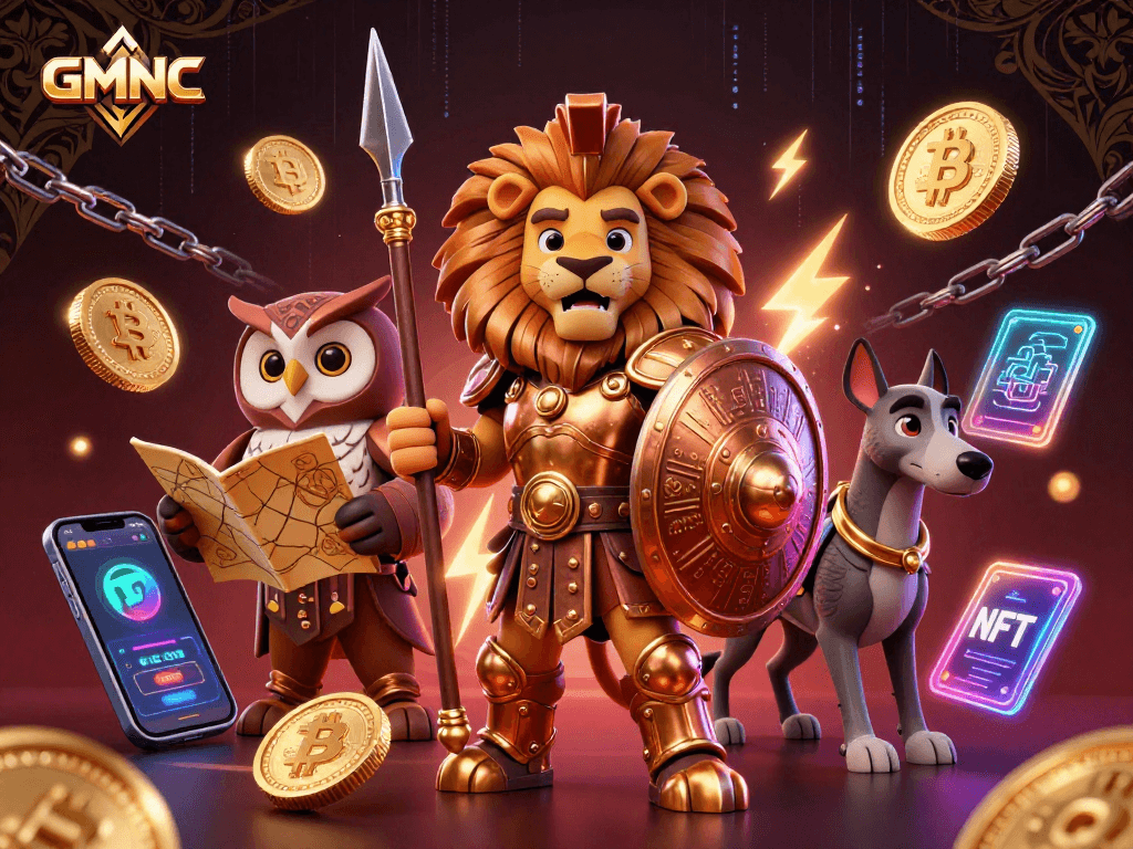 Engage with GMNC's casino spirit, featuring a Spartan lion, owl strategist, and messenger amidst crypto elements.