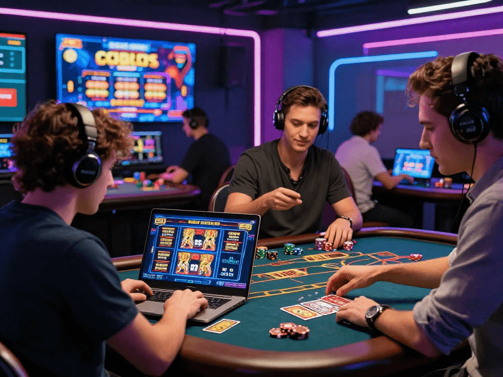 Exciting crypto casino atmosphere with players engaged at digital tables and vibrant colors.