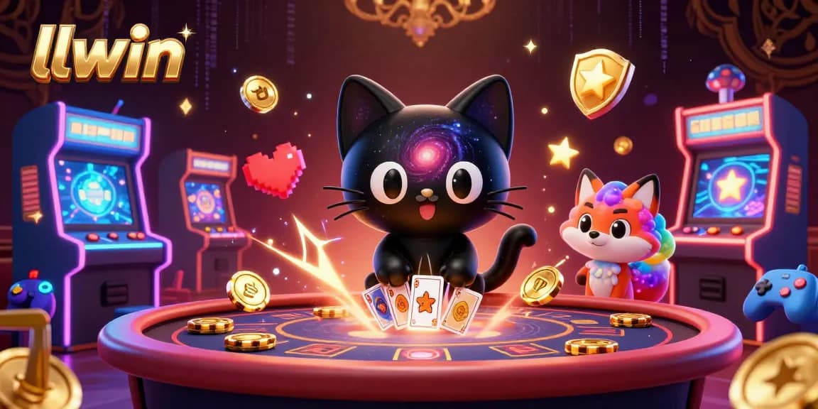 Experience the excitement of llwin casino as a cosmic cat gathers golden chips and cards in a vibrant scene.