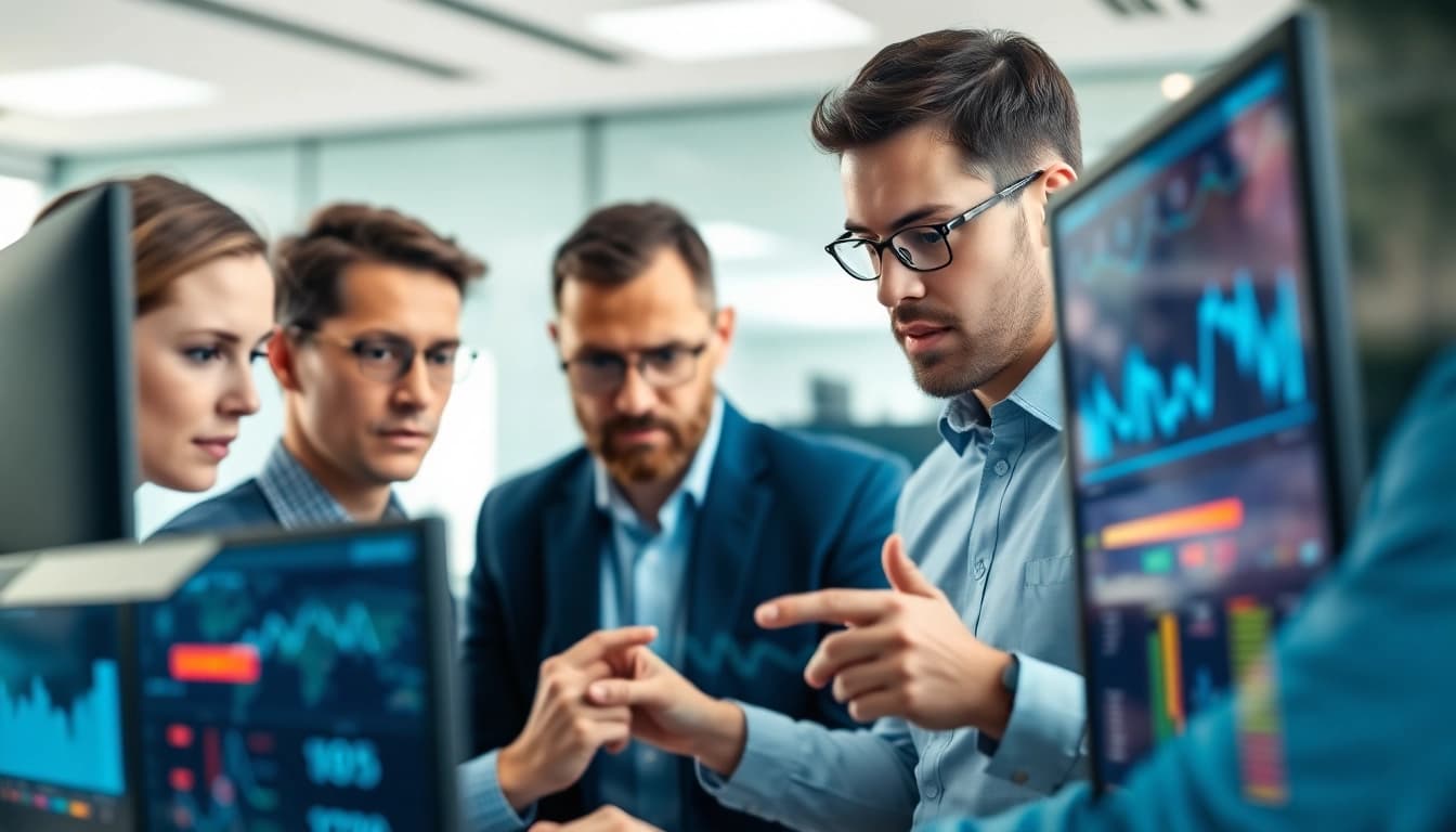 Engaged team analyzing data for cyber essentials managed service in a modern office.