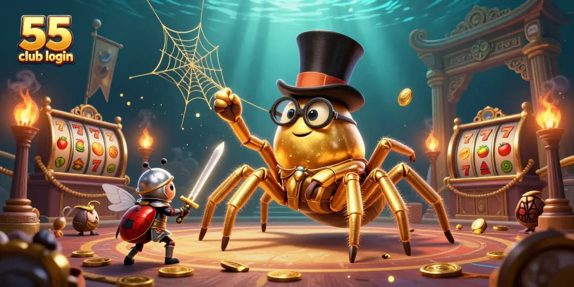 Experience the thrill of 55 club login with a golden tarantula and beetle knight in a dynamic casino scene.