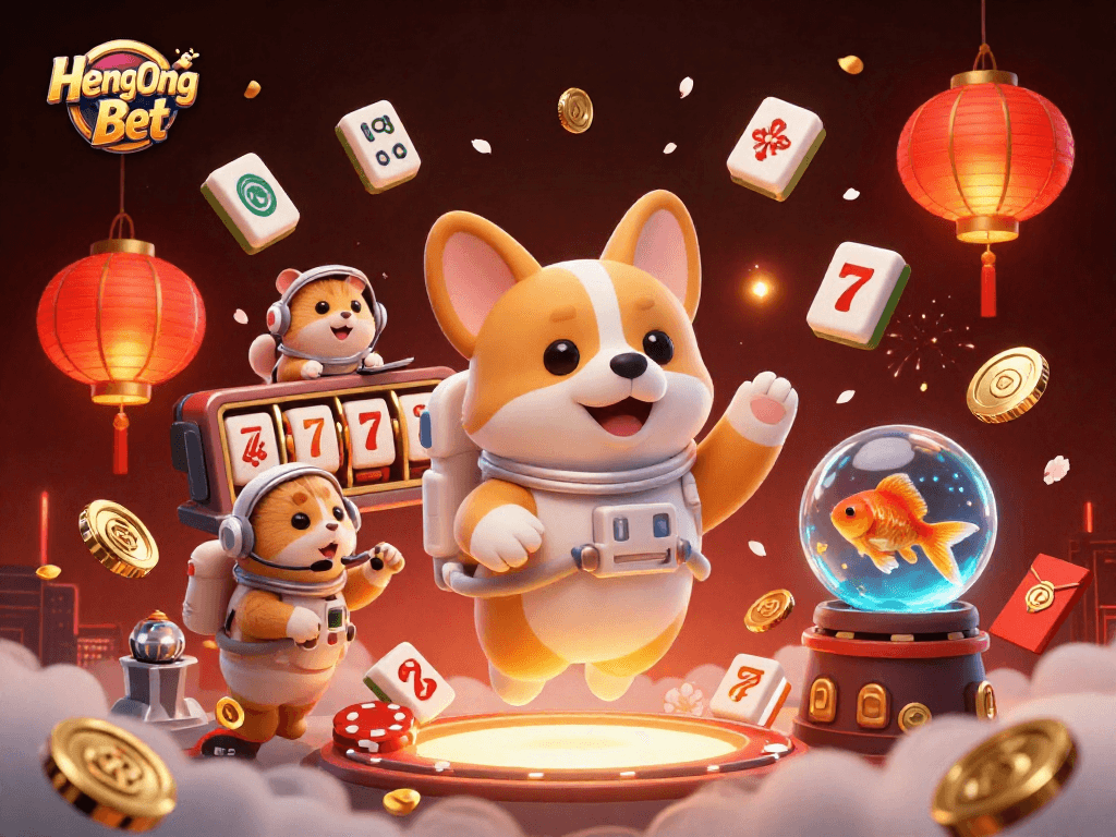 Experience Heng Ong Bet in an ultra-detailed cosmic casino with an astronaut corgi floating among winning symbols.