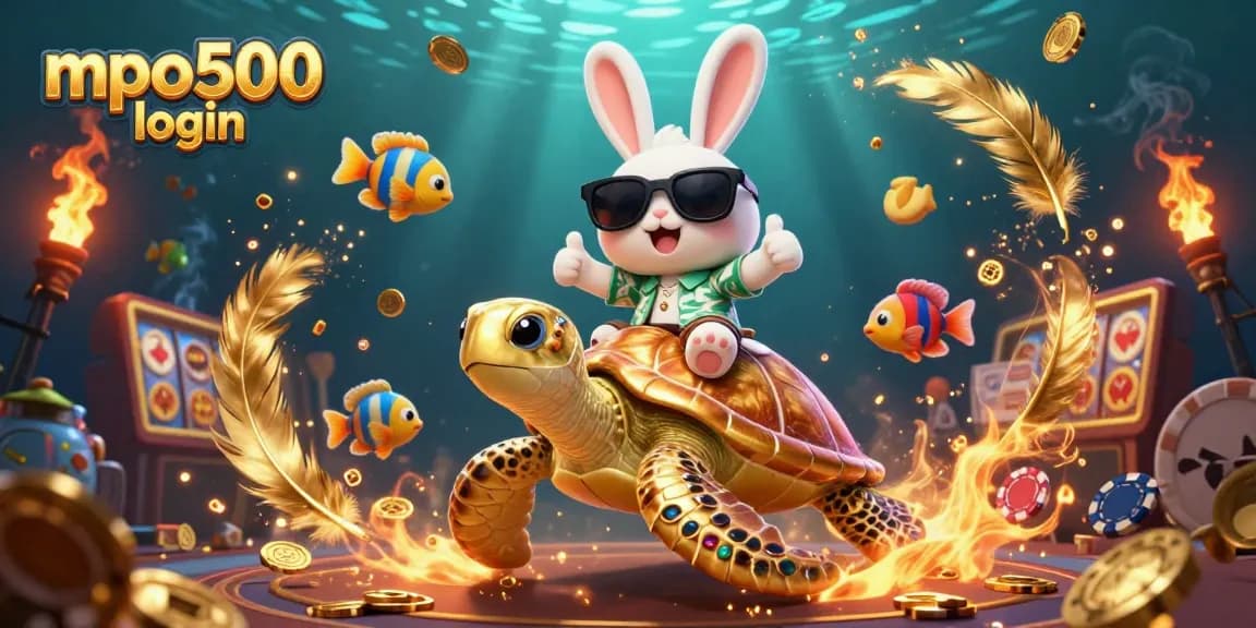 Experience mpo500 login with a vibrant casino world featuring a lucky rabbit and golden turtle.
