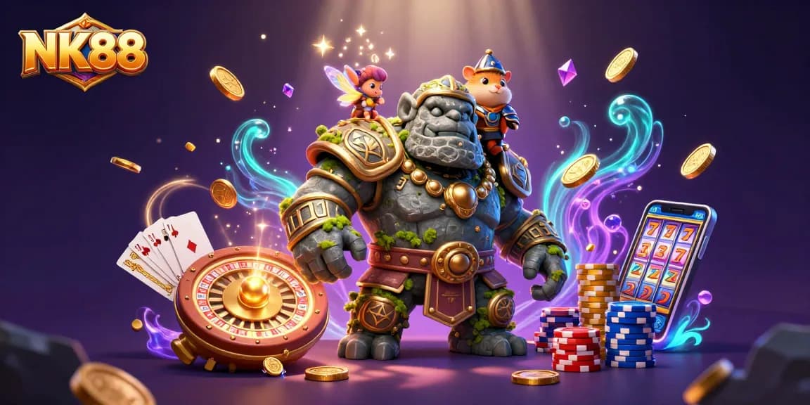 Experience the magic of NK88 with a dynamic 3D scene featuring a golem and fairy amidst cascading coins.