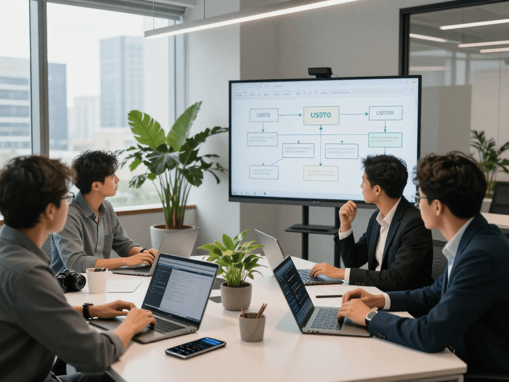 Team discussing USDT0 blockchain solutions in a modern office setting.