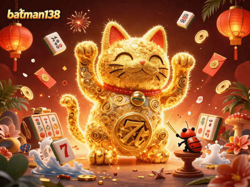 Engage with batman138's dynamic casino scene featuring a lucky cat and vibrant gameplay elements.