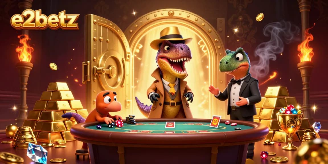 Experience thrilling gameplay at e2betz with cartoon velociraptor card counter at a blackjack table.