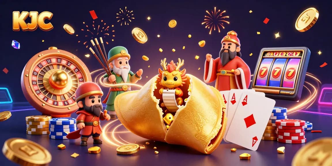 KJC engages players with dynamic casino action featuring a golden fortune cookie and vibrant game elements