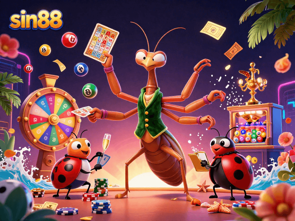 Catch exciting moments at sin88 with vibrant lottery balls and animated casino elements.