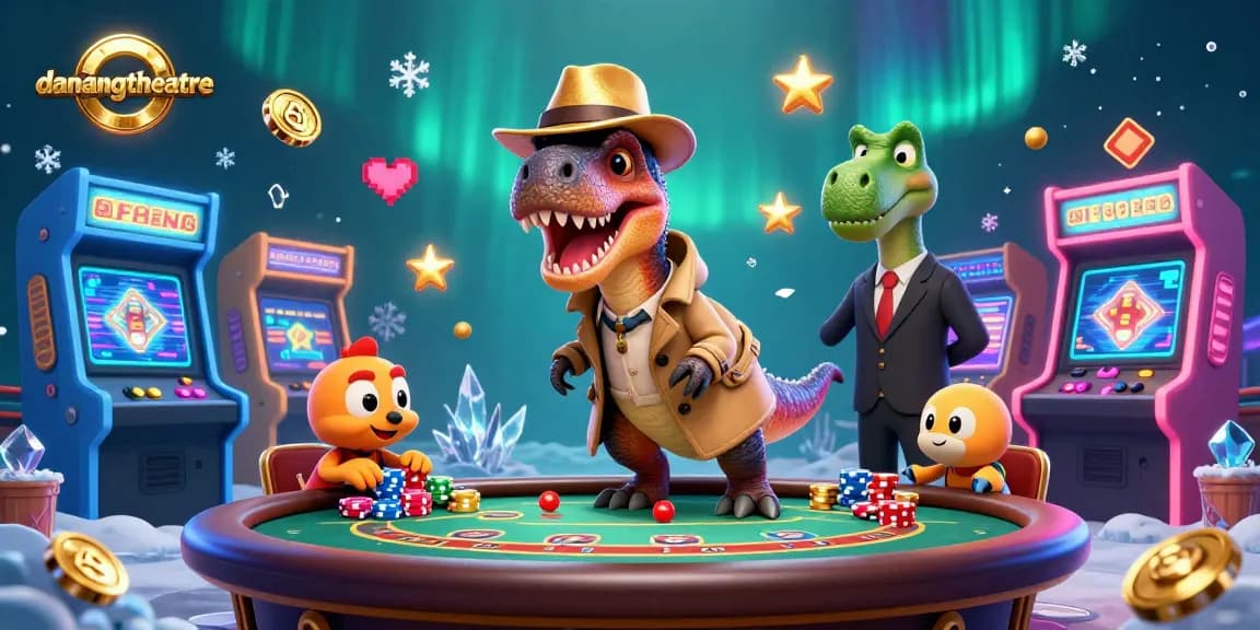 Experience the lively scene at danangtheatre with a velociraptor playing blackjack and a sneaky compy stealing chips.