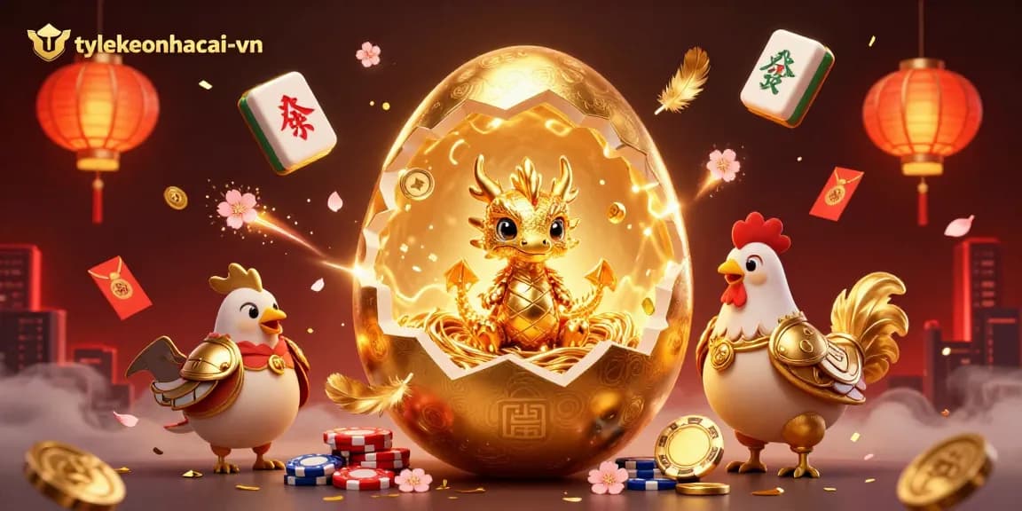 Experience the thrill of tylekeonhacai-vn with a golden dragon guarding poker chips amidst vibrant casino elements.