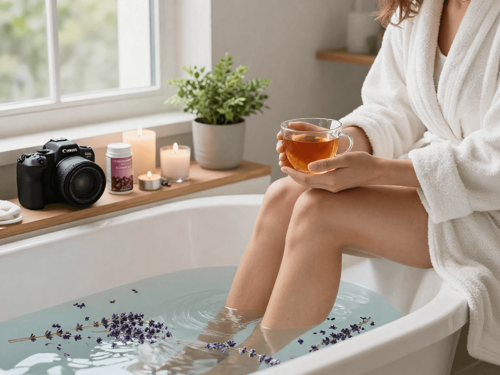 La scène de détente au bain avec des produits naturels pour le confort urinaire sur boiteaoutilsdermatites.