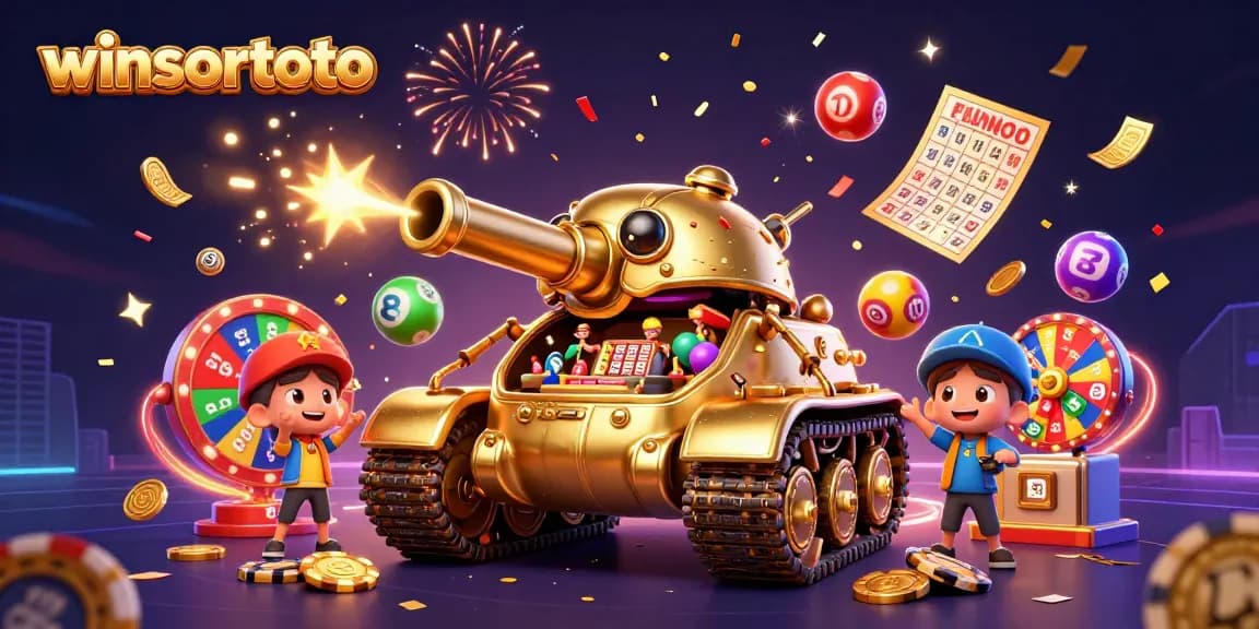 Menghadirkan winsortoto dalam ilustrasi memikat dengan balon lotere berwarna, kartu bingo, dan efek koin berkilau.