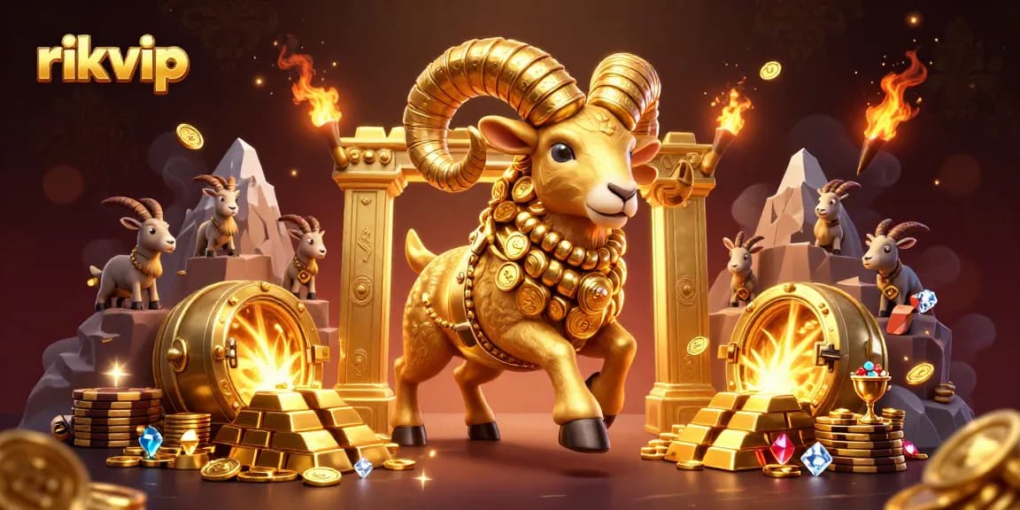 Experience the thrill of rikvip as the golden ram charges through a treasure-filled casino scene.