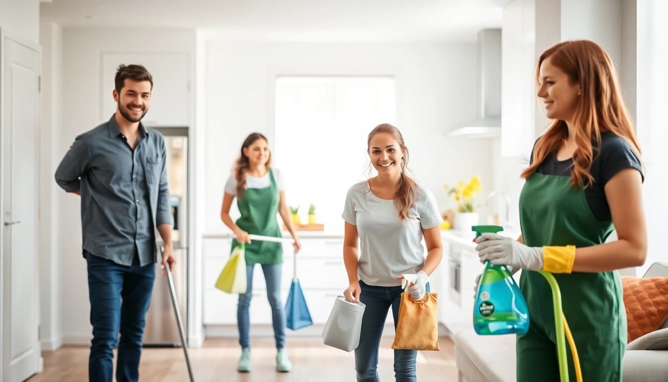 Bond cleaning Logan team efficiently cleaning a modern apartment with eco-friendly products.