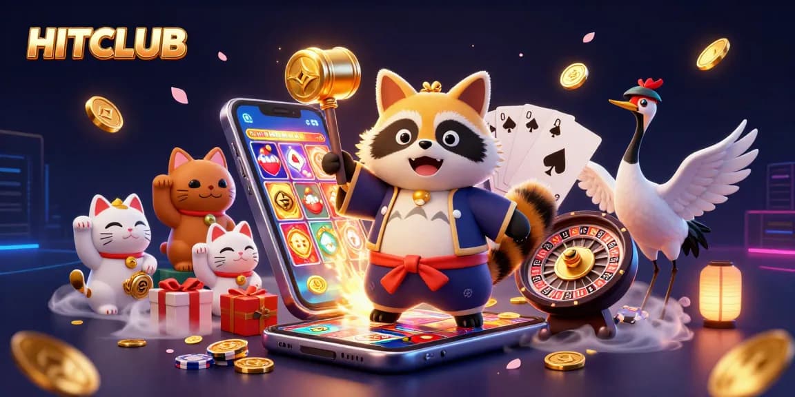 HITCLUB brings luck and excitement with a cheerful tanuki and vibrant casino elements like slot games and poker cards