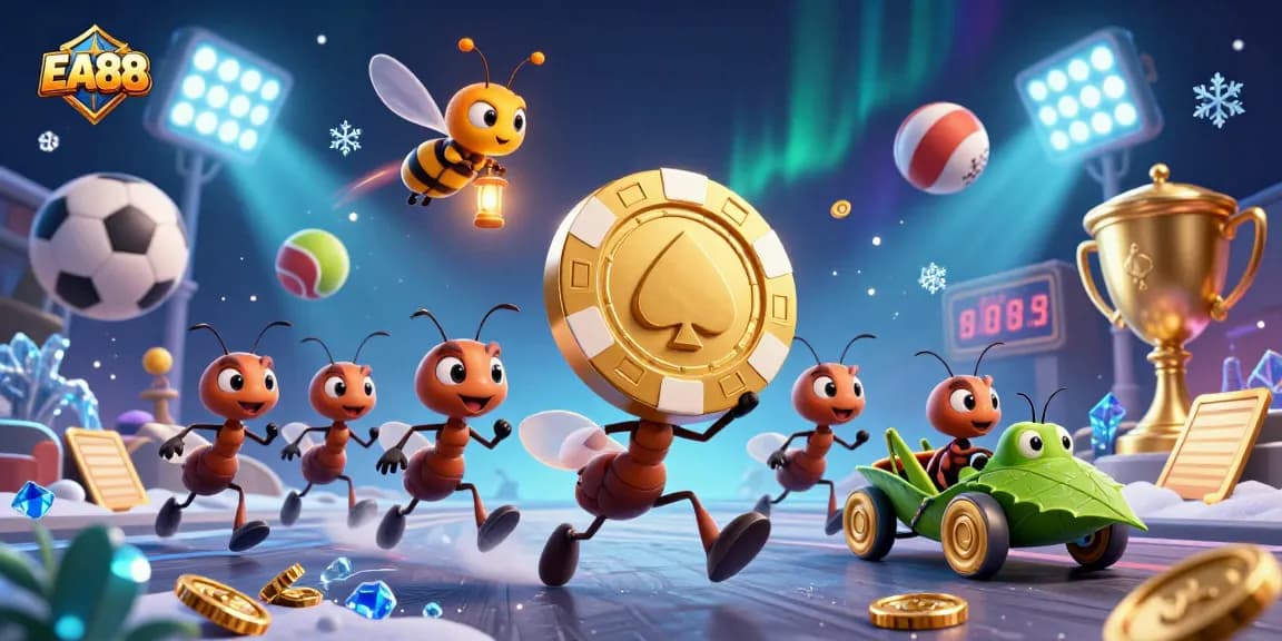 Experience thrilling gameplay at EA88 with a team of animated ants on an adventurous casino heist.