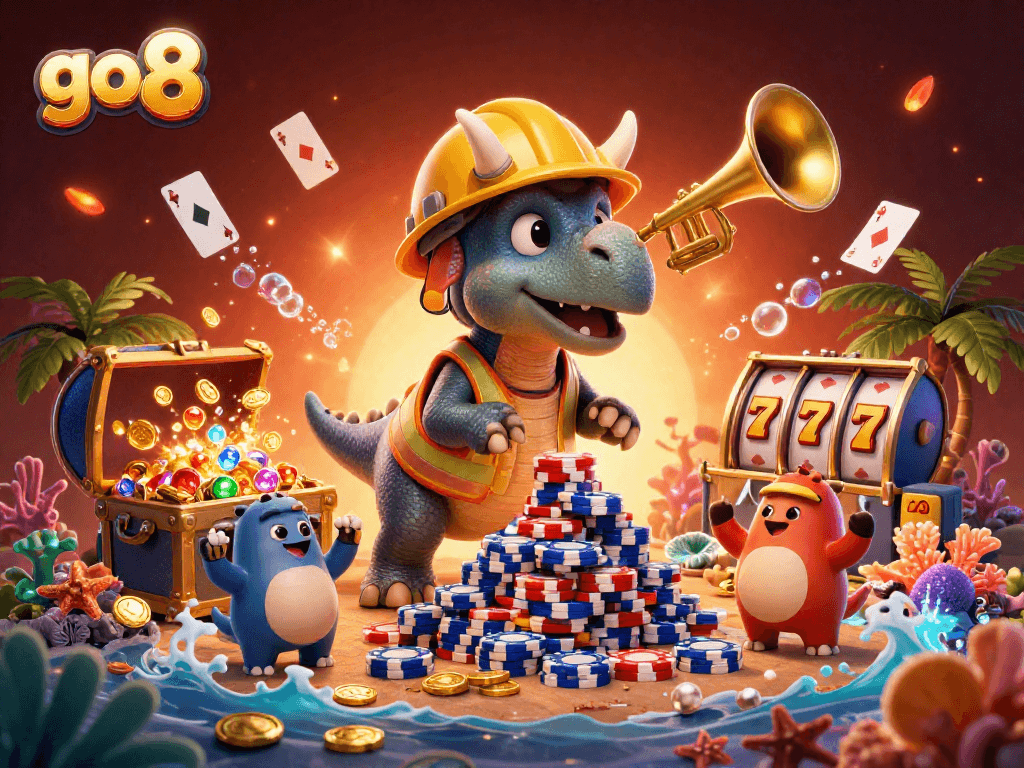 Engage with go 8's thrilling gaming adventure featuring a fun triceratops and casino elements.