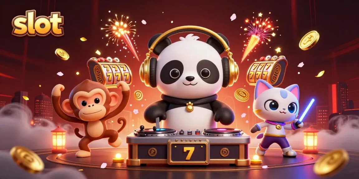 Slot gacor hari ini dengan DJ panda dan karakter menarik di latar belakang penuh warna.