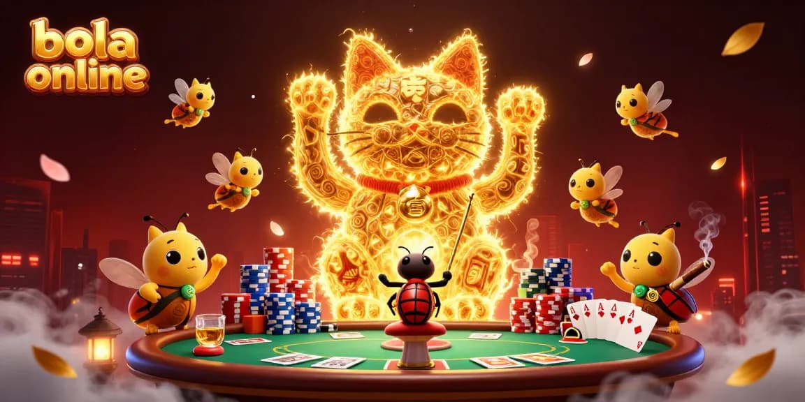 Bola online betting experience illustrated with a vibrant 3D design of a lucky cat and poker elements.