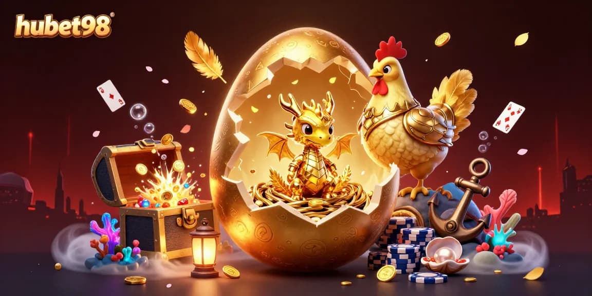 Engage with hubet98 as a golden dragon emerges from a treasure nest of gambling chips, illuminating the excitement of online gaming.