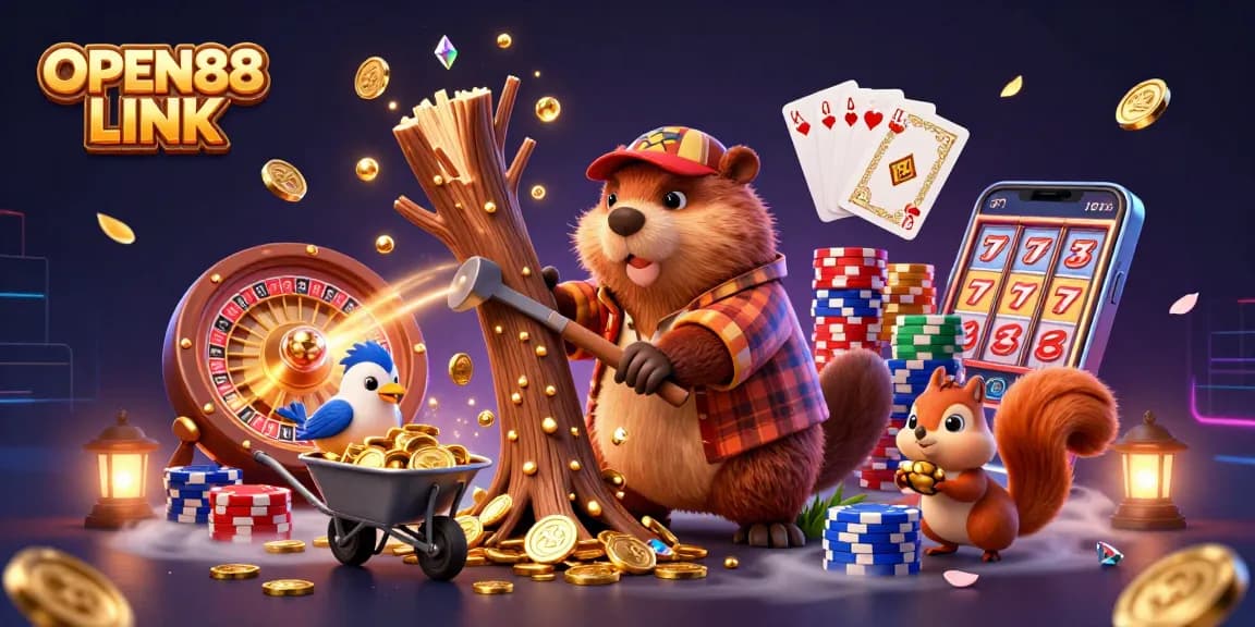 Join the excitement with OPEN88 LINK, featuring a beaver and friends in a vibrant casino scene.
