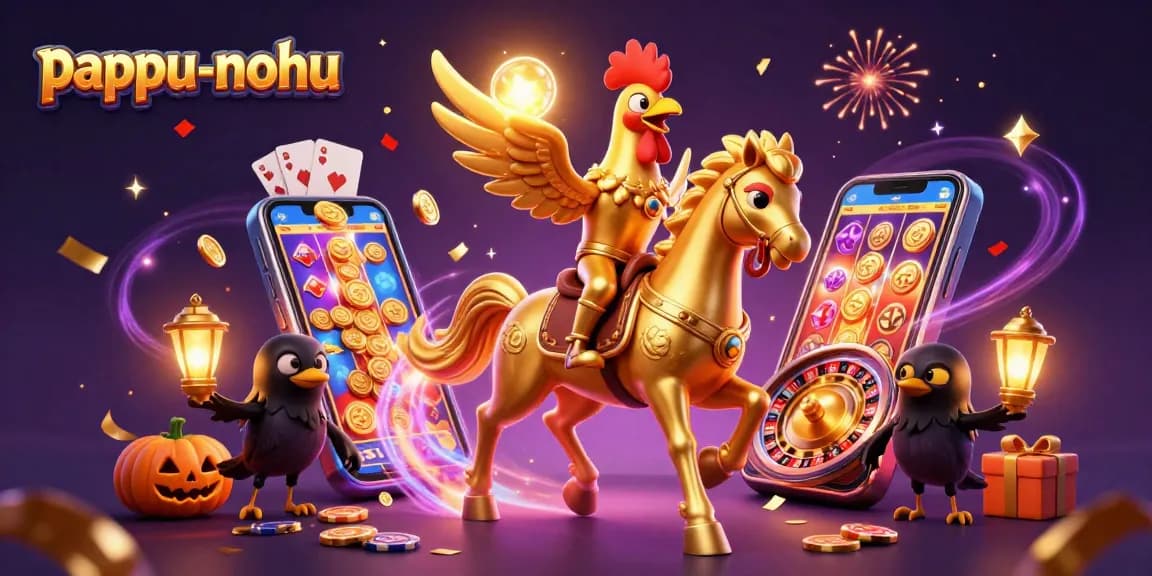 Pappu-nohu highlights a golden rooster character in a dazzling casino scene with festive energy and gaming excitement.