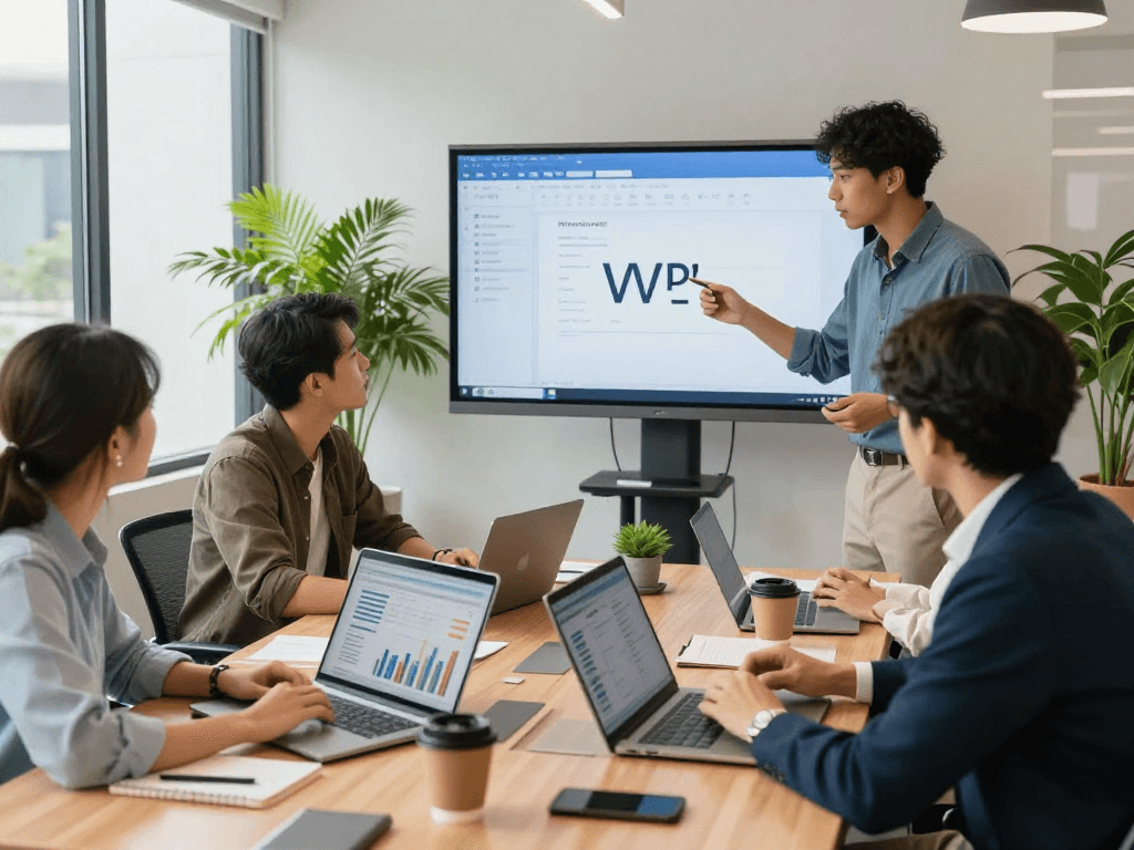 团队在使用WPS高效办公，展示协作与创新的职场环境。