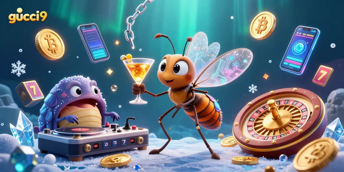 Experience exhilarating gameplay with gucci9, featuring vibrant casino mascots, golden roulette wheels, and crypto elements.