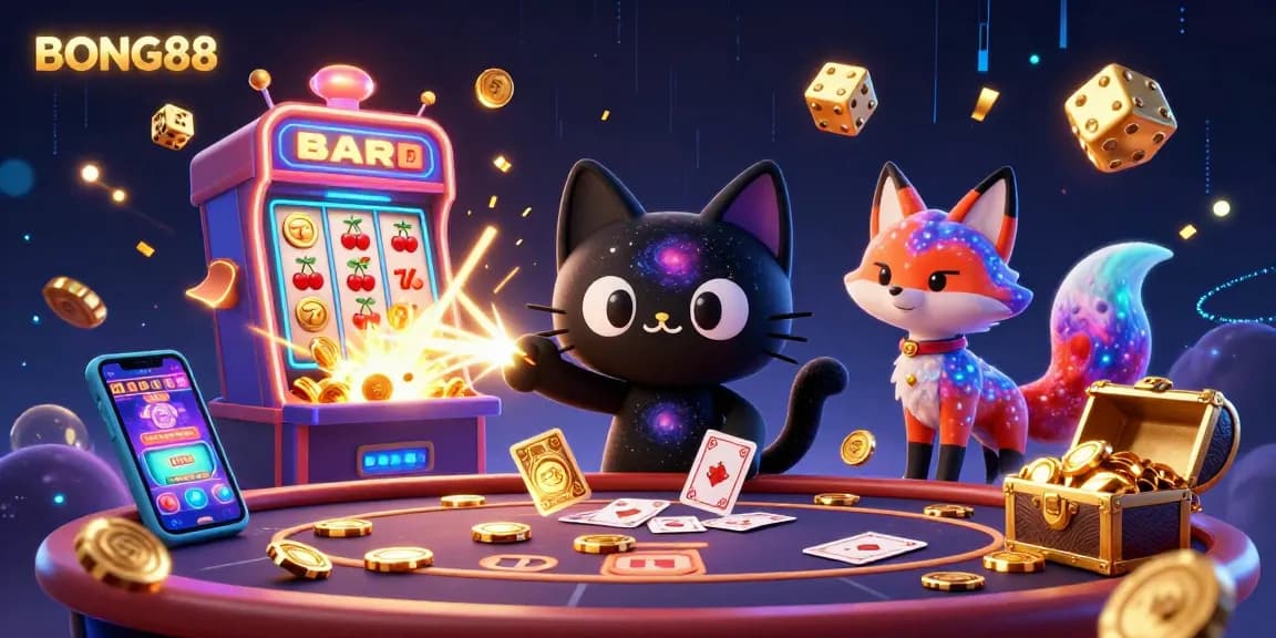 BONG88 casino scene featuring a cosmic cat and colorful fox attracting gold chips and cards.