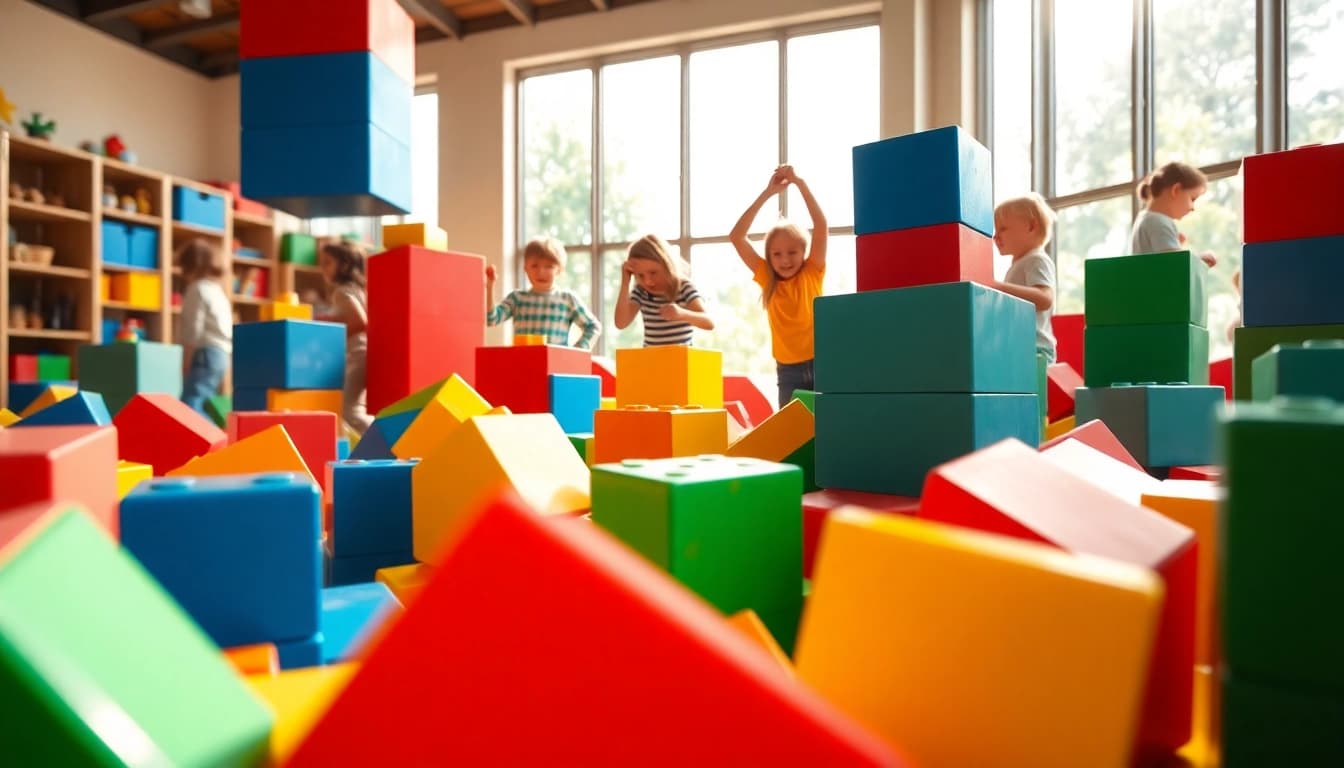 Discover more about children joyfully building with colorful giant blocks in an energetic indoor playroom.