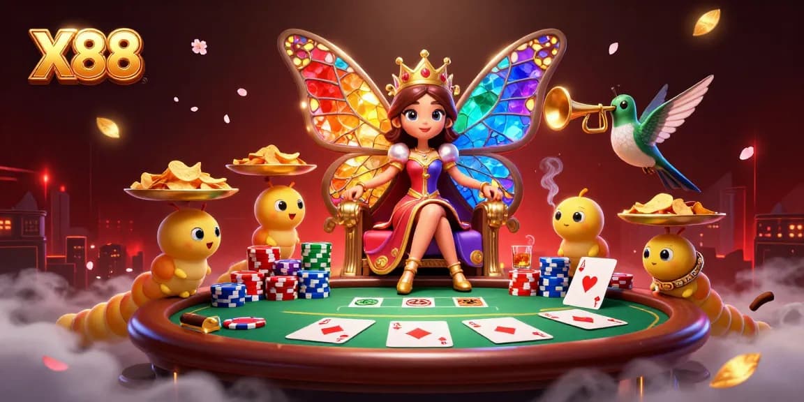X88 engages players with a cinematic poker scene featuring vibrant characters and gaming elements.