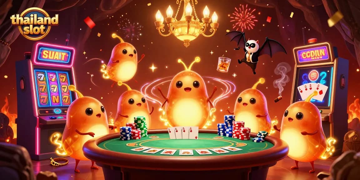 Play the exciting thailand slot with vibrant visuals of a cave casino filled with colorful reels and poker action.