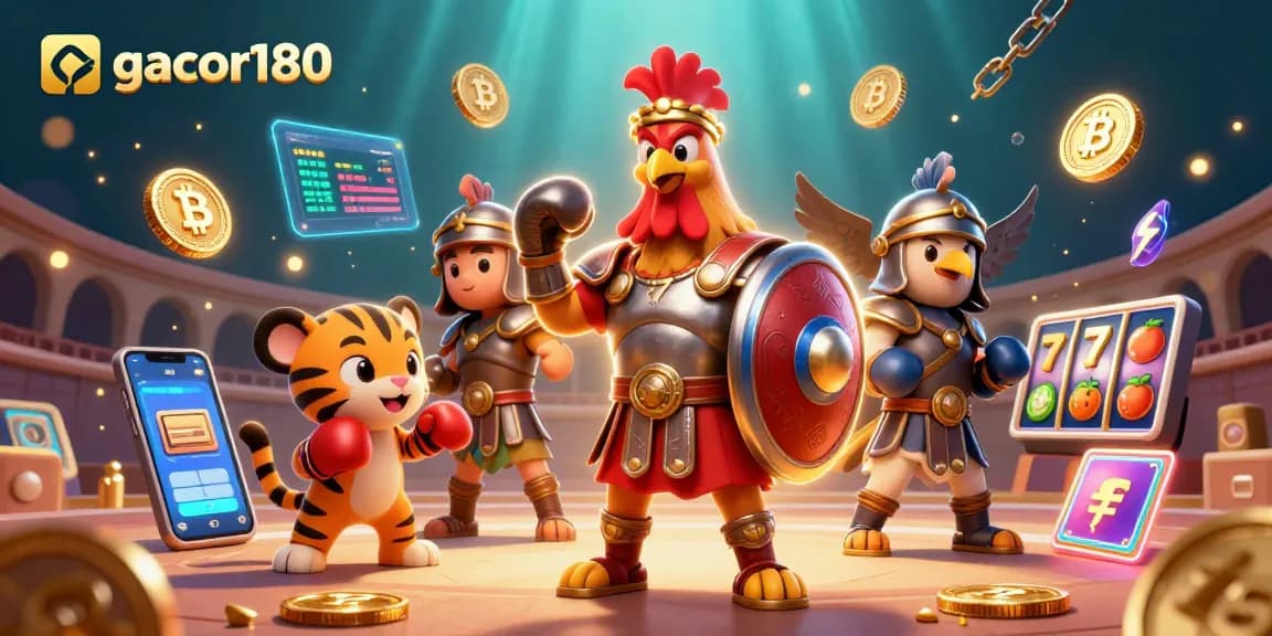 Gacor180 menghadirkan ilustrasi 3D yang menampilkan ayam jantan gladiator dengan simbol permainan slot.
