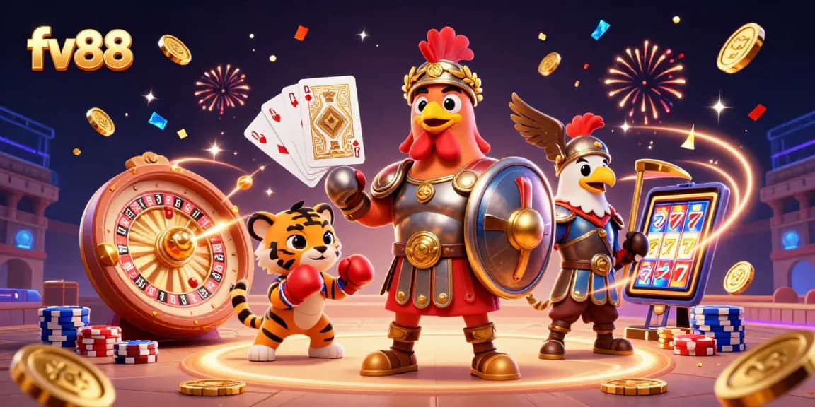 Engage in the vibrant fv88 casino experience featuring a gladiator rooster with golden accents, surrounded by dynamic game elements.