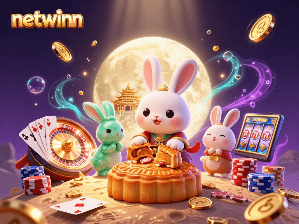 Experience netwinn with a moon rabbit pounding mooncakes and poker chips in a vibrant casino scene.