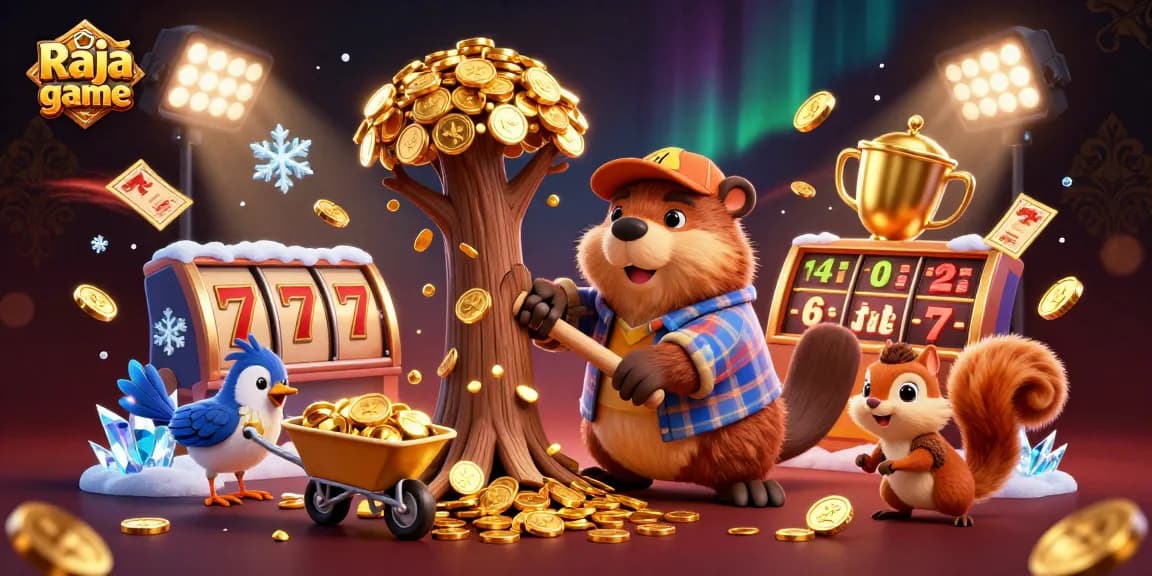 Engage in the thrilling Raja game with dynamic characters collecting golden coins and slot elements.