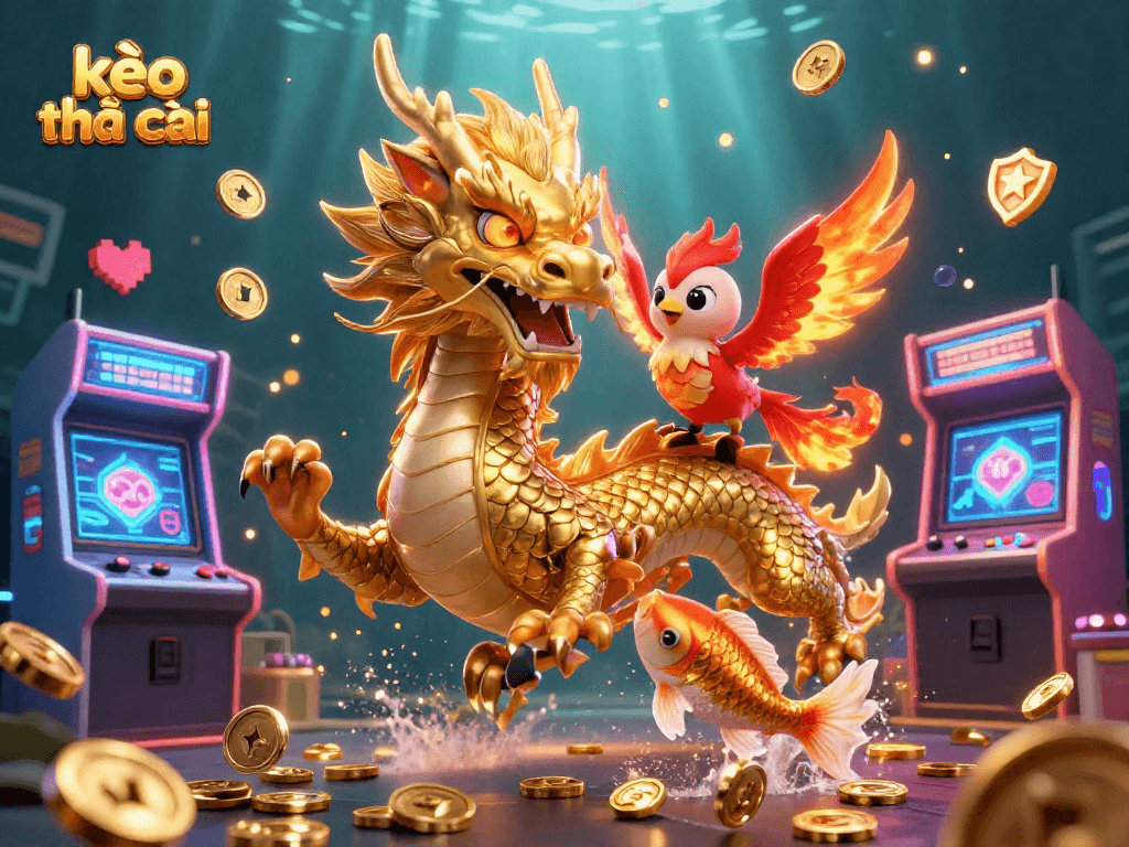 Engage with kèo nhà cái featuring dragons, phoenix, and koi amidst vibrant casino graphics.