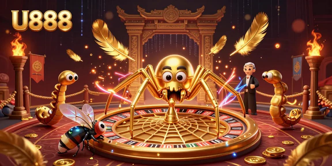 Engage in thrilling gameplay at U888 with a whimsical golden spider spinning bets on a roulette wheel.