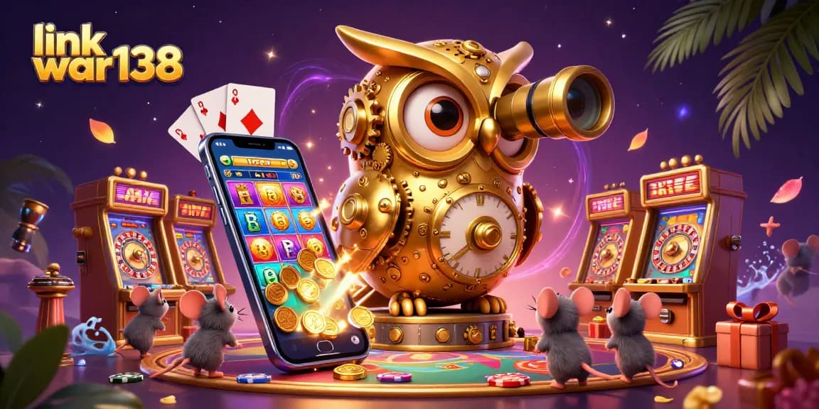 Experience thrilling gameplay at link war138 with a lively casino scene featuring a golden owl and slot machines.