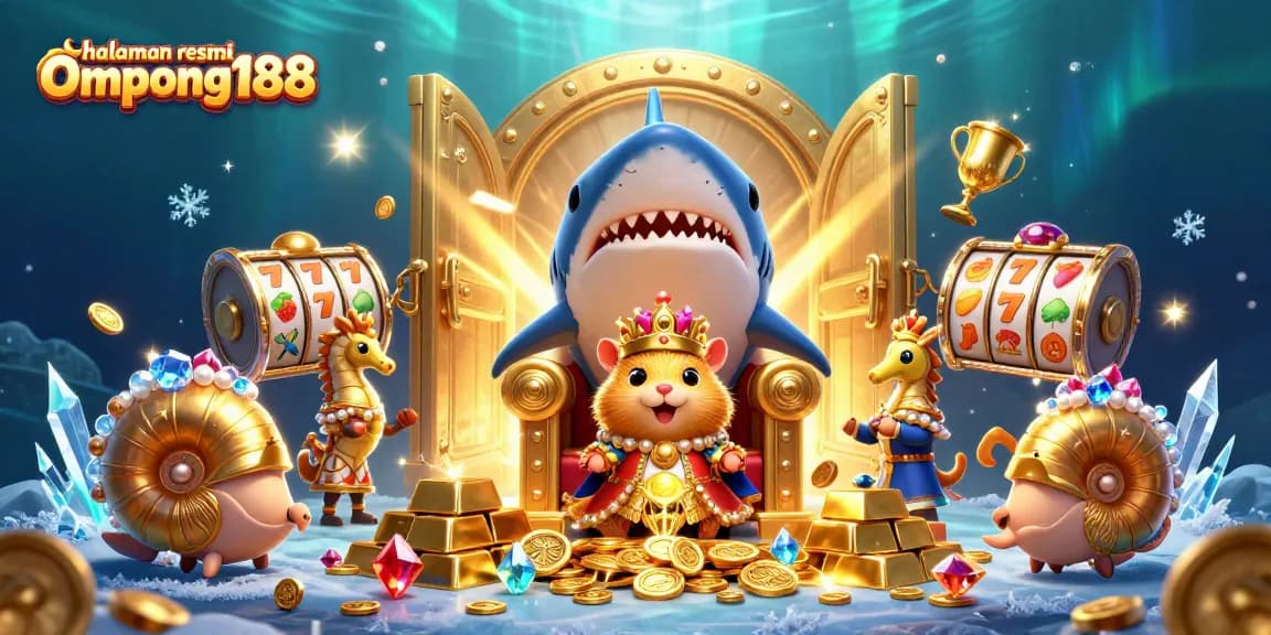 Menambah keseruan di halaman resmi Ompong188 dengan raja hamster emas di mahkota karang dikelilingi harta karun dan simbol slot.
