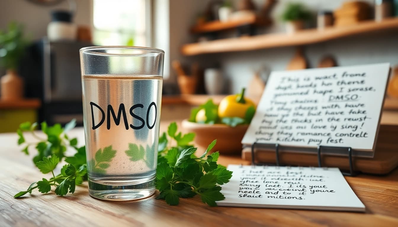 Explore benefits of drinking dmso through a vibrant image of DMSO next to herbs and notes.