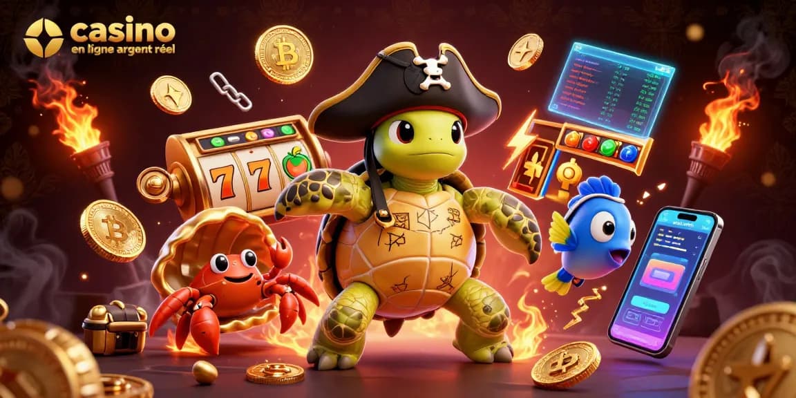 Jouez au casino en ligne argent réel avec cette illustration dynamique de tortue pirate et crabe.