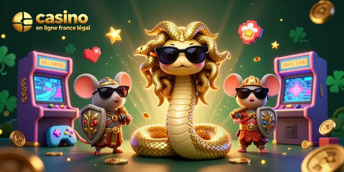 Jouez en toute sécurité sur un casino en ligne France légal avec Medusa et un guerrier souris.