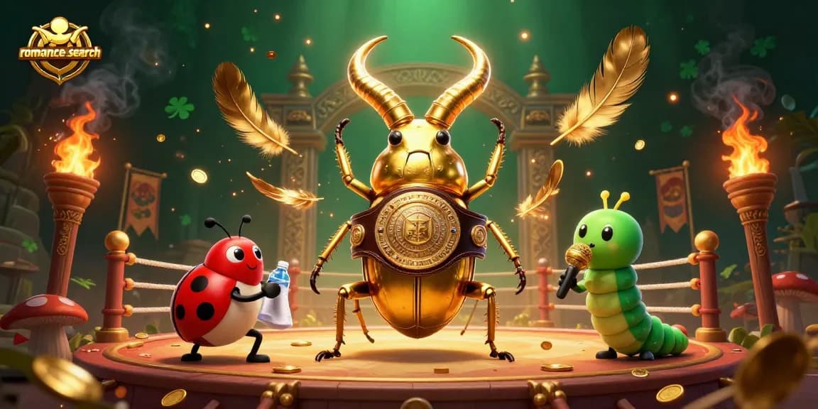 Experience the excitement of romance-search with a golden stag beetle in a dynamic casino arena scene.